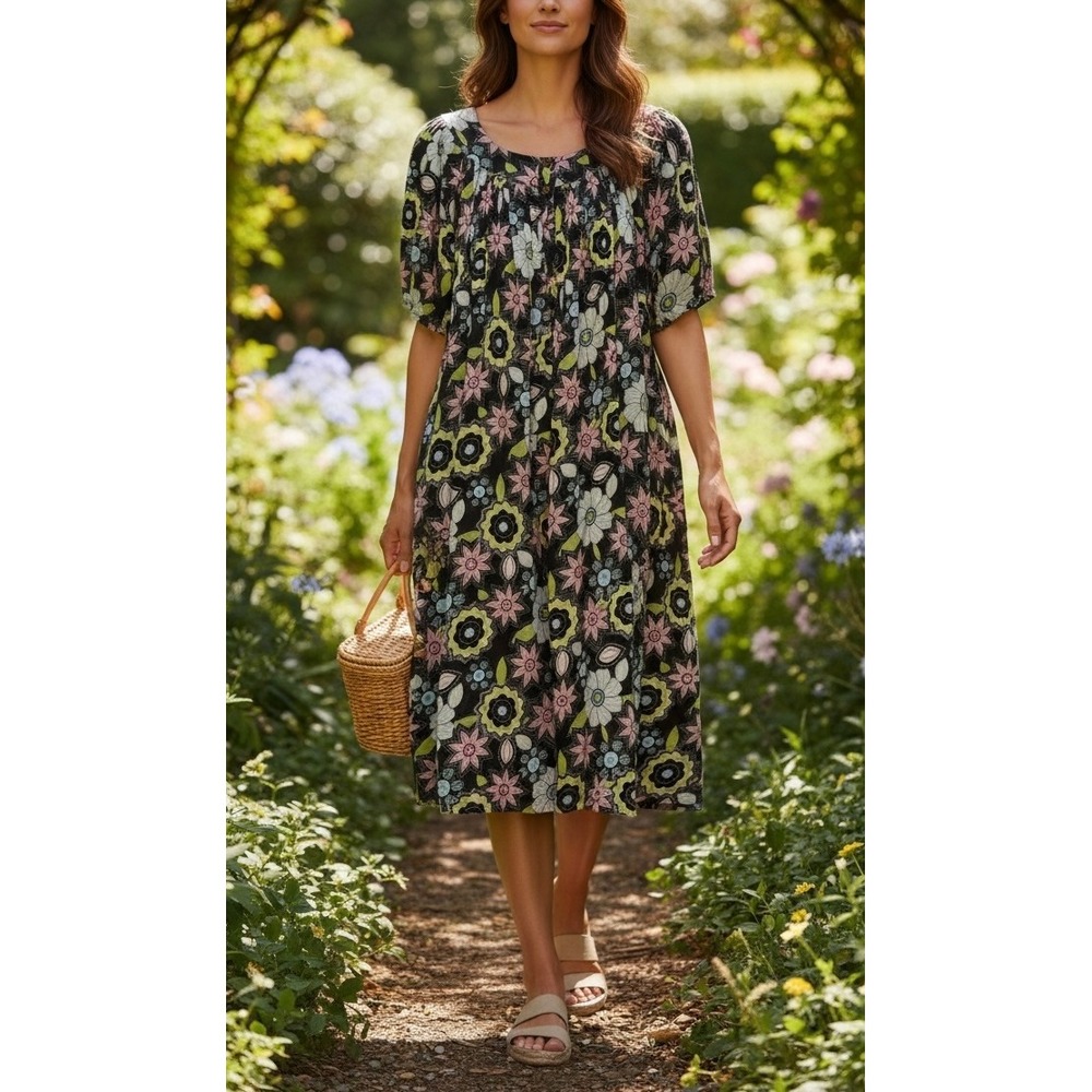Go Softly Patio Womens Large Floral Rayon Midi Dress Short Sleeve Button Front